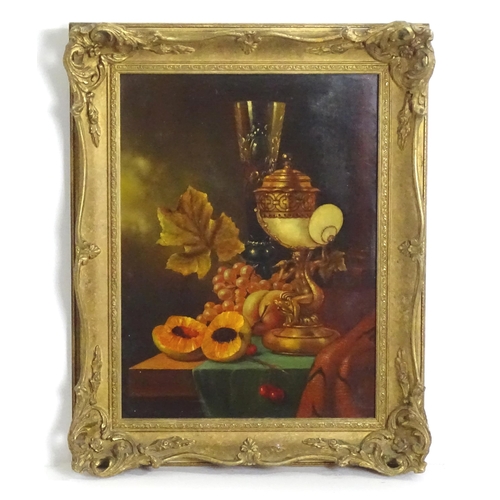 1814 - G. Korn, 20th century, A still life study with a glass vase, a nautilus shell spoon warmer and fruit... 