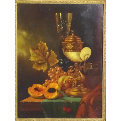 1814 - G. Korn, 20th century, A still life study with a glass vase, a nautilus shell spoon warmer and fruit... 