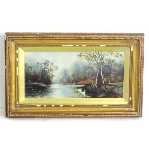 1815 - K. Jackson, Early 20th century, Oil on canvas, A wooded river landscape with two swans. Signed and d... 