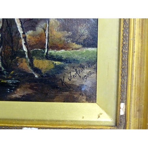 1815 - K. Jackson, Early 20th century, Oil on canvas, A wooded river landscape with two swans. Signed and d... 