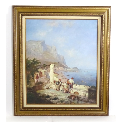 1821 - 20th century, Italian School, Oil on canvas, Figures resting overlooking the Bay of Naples with boat... 