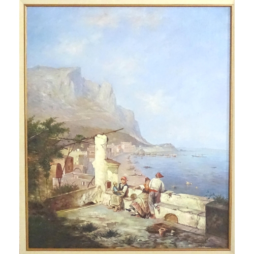 1821 - 20th century, Italian School, Oil on canvas, Figures resting overlooking the Bay of Naples with boat... 