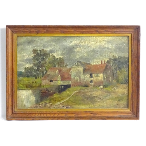 1829 - Late 19th century, Oil on canvas laid on card, A view of a watermill with a man fishing. Indistinctl... 