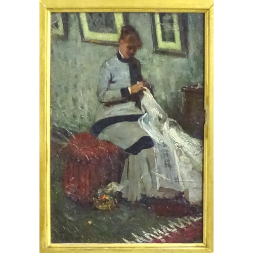 1832 - John Robertson Reid (1851-1926), Oil on board, A interior scene with a study of a woman sewing. Sign... 