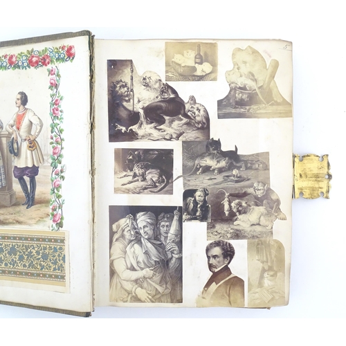 2049 - A Victorian leather bound scrapbook / album with metal clasp to include various engravings, clipping... 