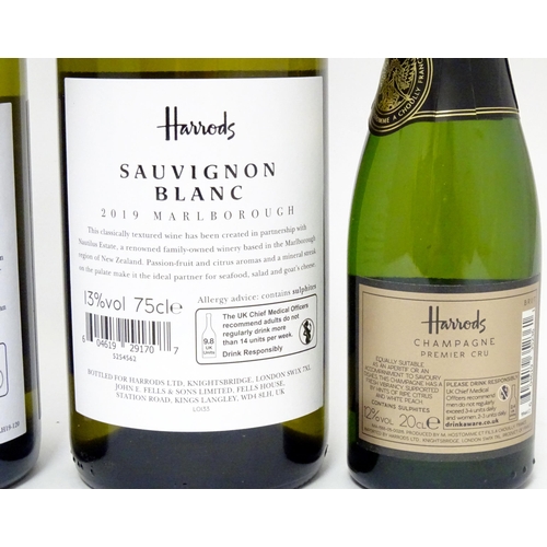 1038 - Wine : Four assorted bottles of 750ml Harrods wine, together with a half bottle of Harrods champagne... 