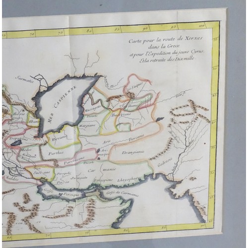 2012 - Map: An 18thC Middle Eastern hand coloured map titled Carte pour la Route de Xerxes dans la Grece et... 