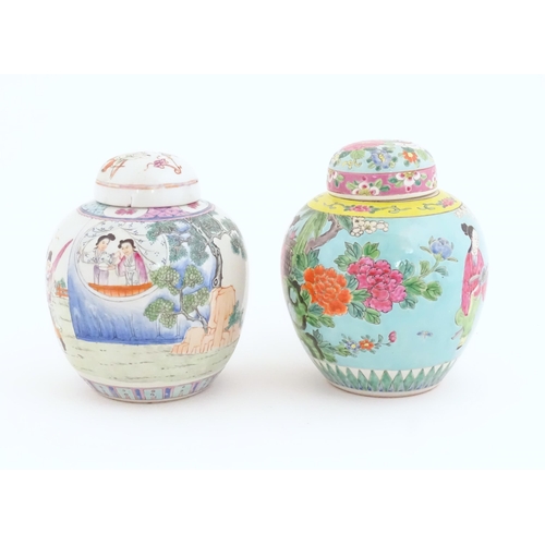 21 - Two Chinese ginger jars, one decorated with a figure on horseback with attendants in a landscape, th... 
