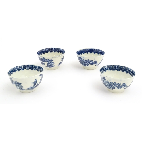 62 - Four blue and white tea bowls and saucers decorated in the Fisherman pattern, possibly Liverpool. Cu... 