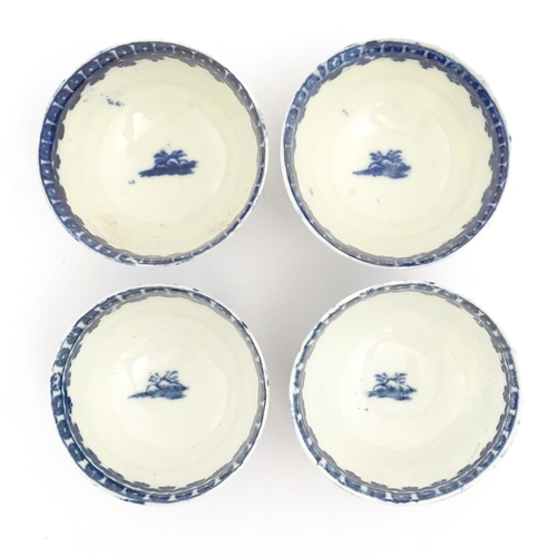 62 - Four blue and white tea bowls and saucers decorated in the Fisherman pattern, possibly Liverpool. Cu... 