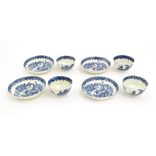 62 - Four blue and white tea bowls and saucers decorated in the Fisherman pattern, possibly Liverpool. Cu... 