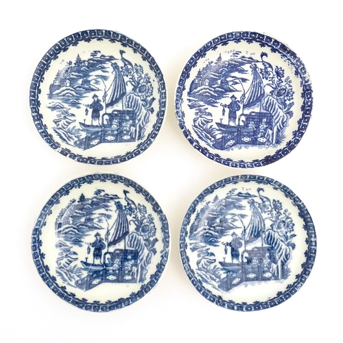 62 - Four blue and white tea bowls and saucers decorated in the Fisherman pattern, possibly Liverpool. Cu... 