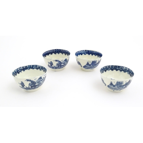 62 - Four blue and white tea bowls and saucers decorated in the Fisherman pattern, possibly Liverpool. Cu... 