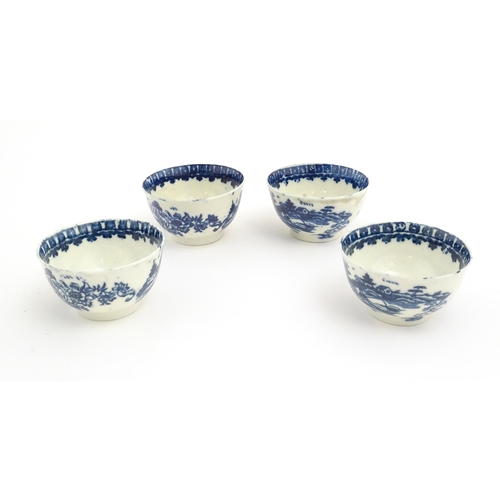 62 - Four blue and white tea bowls and saucers decorated in the Fisherman pattern, possibly Liverpool. Cu... 