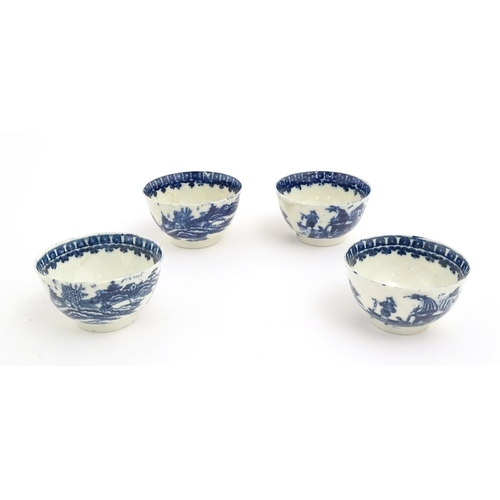 62 - Four blue and white tea bowls and saucers decorated in the Fisherman pattern, possibly Liverpool. Cu... 