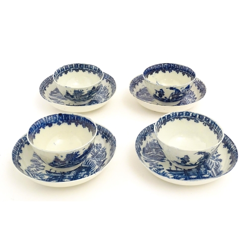 62 - Four blue and white tea bowls and saucers decorated in the Fisherman pattern, possibly Liverpool. Cu... 