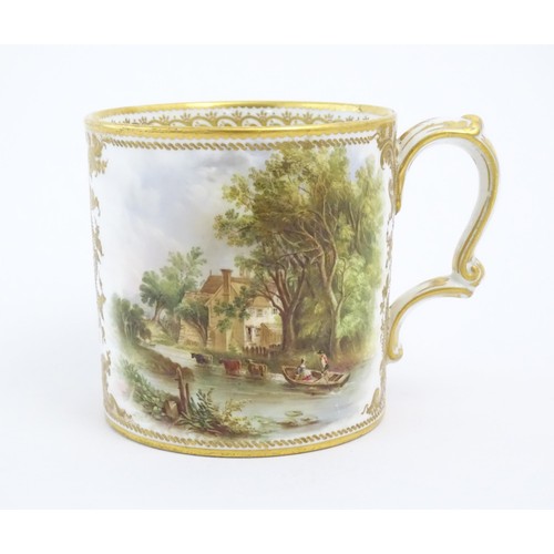 64 - A 19thC English Derby style mug with floral and foliate gilt detail and hand painted landscape scene... 