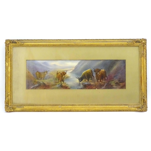 102 - An early 20thC hand painted porcelain plaque decorated with a Highland landscape scene with cattle w... 