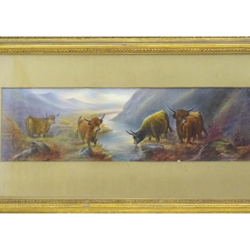 102 - An early 20thC hand painted porcelain plaque decorated with a Highland landscape scene with cattle w... 