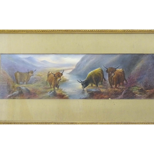 102 - An early 20thC hand painted porcelain plaque decorated with a Highland landscape scene with cattle w... 