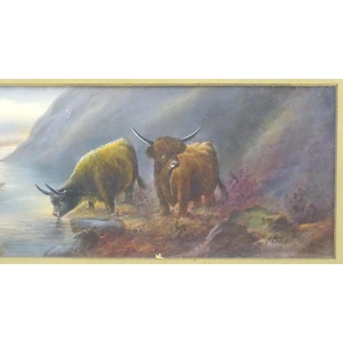 102 - An early 20thC hand painted porcelain plaque decorated with a Highland landscape scene with cattle w... 