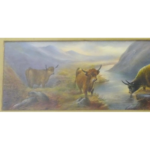 102 - An early 20thC hand painted porcelain plaque decorated with a Highland landscape scene with cattle w... 