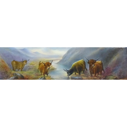 102 - An early 20thC hand painted porcelain plaque decorated with a Highland landscape scene with cattle w... 