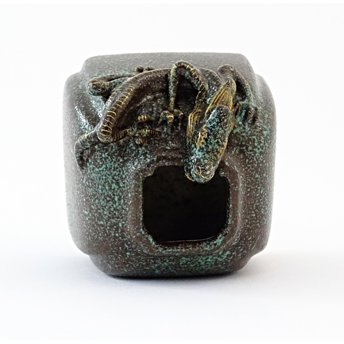 6 - A small Chinese brush washer pot with mottled green glaze and relief dragon decoration. Character ma... 