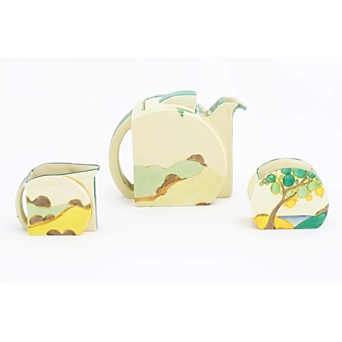 78 - Three items of Clarice Cliff Stamford tea wares in the Secrets pattern comprising teapot, milk jug a... 