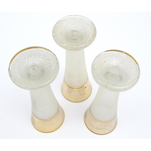 170 - Three retro glass vases with textured body and gilt banding. Approx 8 1/2