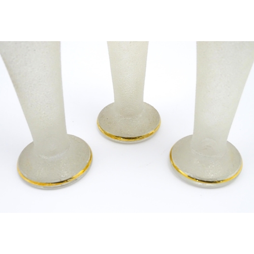 170 - Three retro glass vases with textured body and gilt banding. Approx 8 1/2