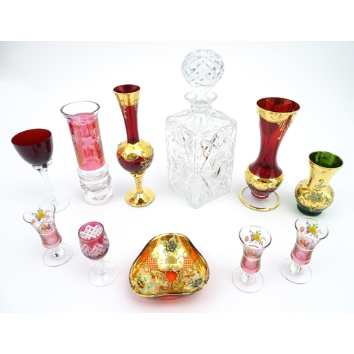 208 - A quantity of assorted glassware to include a cut crystal decanter together with various items of bo... 