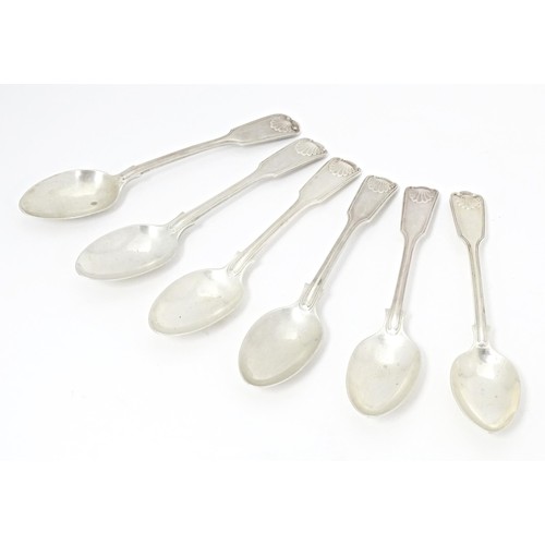 225 - Six silver Fiddle & Shell pattern teaspoons, four hallmarked London 1904, maker Josiah Williams & Co... 