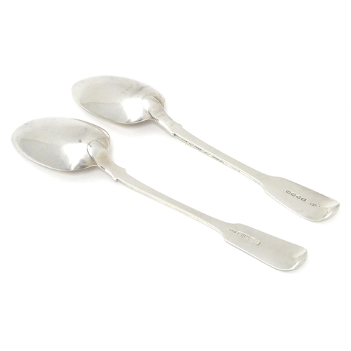 450 - Two silver Fiddle pattern table spoons, on Scottish hallmarked Edinburgh 1838, maker David Hodges, t... 