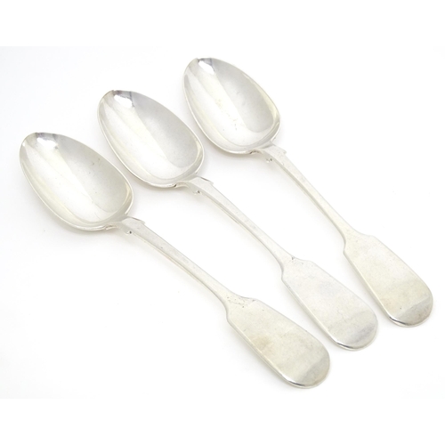 455 - Three Victorian silver Fiddle pattern tablespoons hallmarked London 1849, maker JW. Approx. 9