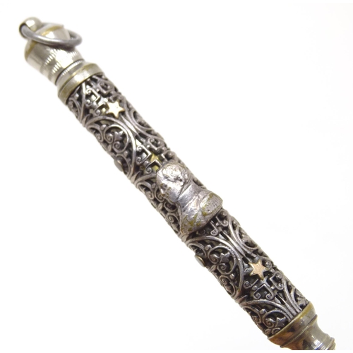 457 - A silver plate propelling pencil with filigree style decoration and applied Napoleon bust. Approx. 3... 