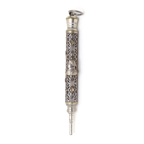 457 - A silver plate propelling pencil with filigree style decoration and applied Napoleon bust. Approx. 3... 