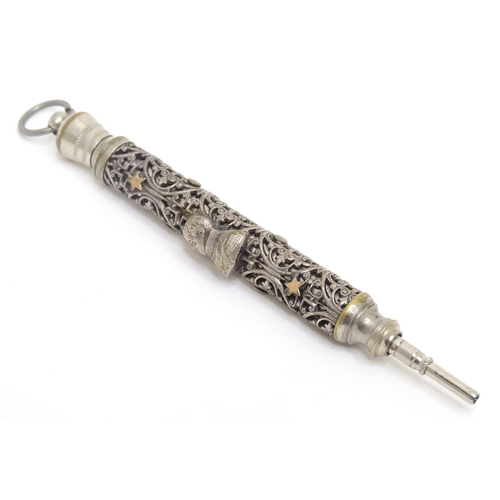 457 - A silver plate propelling pencil with filigree style decoration and applied Napoleon bust. Approx. 3... 