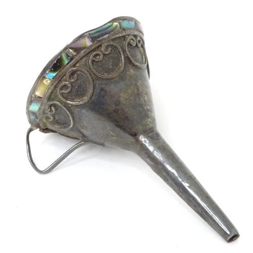 464 - A white metal perfume funnel with abalone shell detail. Approx. 1 3/4