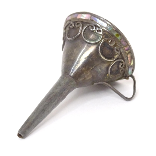 464 - A white metal perfume funnel with abalone shell detail. Approx. 1 3/4