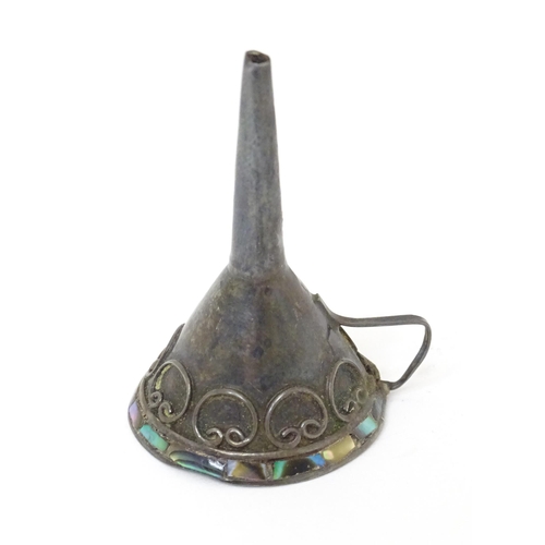 464 - A white metal perfume funnel with abalone shell detail. Approx. 1 3/4