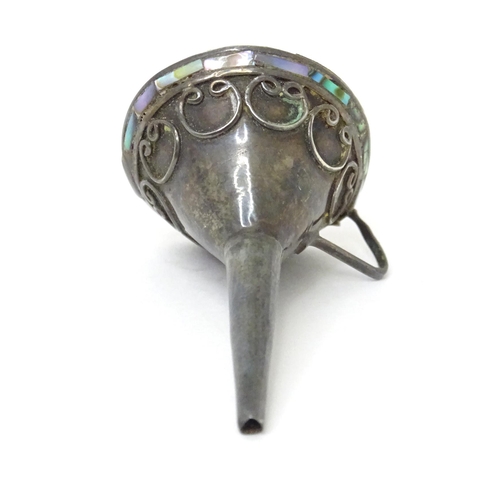 464 - A white metal perfume funnel with abalone shell detail. Approx. 1 3/4