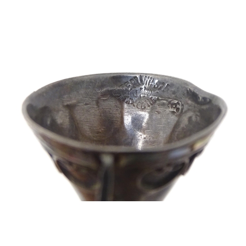 464 - A white metal perfume funnel with abalone shell detail. Approx. 1 3/4