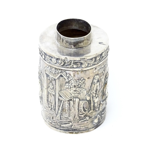 470 - A Continental silver caddy with embossed decoration depicting musicians, figures imbibing, dancing, ... 