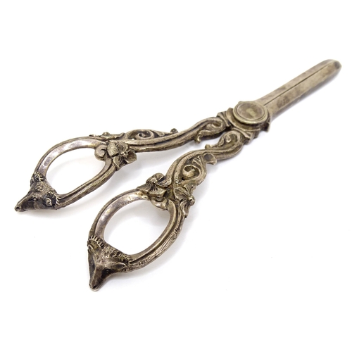 473 - 19thC silver plate grape shears with scroll decoration and rams head detail to handles. Approx. 7