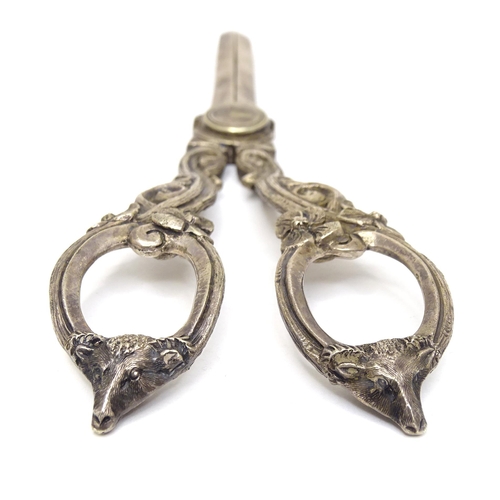 473 - 19thC silver plate grape shears with scroll decoration and rams head detail to handles. Approx. 7