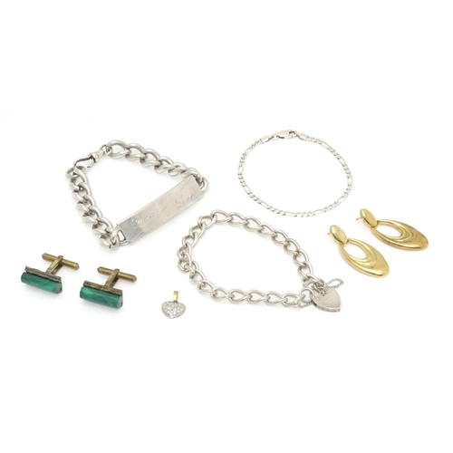 743 - Assorted jewellery to include 3 silver bracelets, a pair of 9ct gold drop earrings and a pair of cuf... 