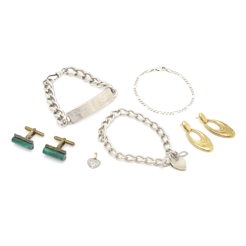 743 - Assorted jewellery to include 3 silver bracelets, a pair of 9ct gold drop earrings and a pair of cuf... 