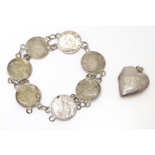 745 - A silver and white metal bracelet set with Victorian and later 3 pence coins. Together with a silver... 