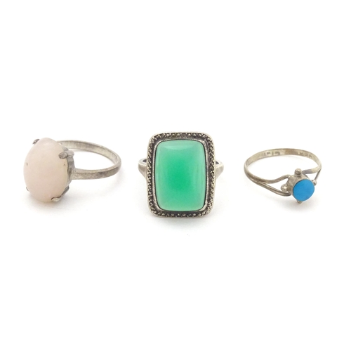 747 - Three various Continental silver rings including one set with rose quart, another with turquoise. (3... 